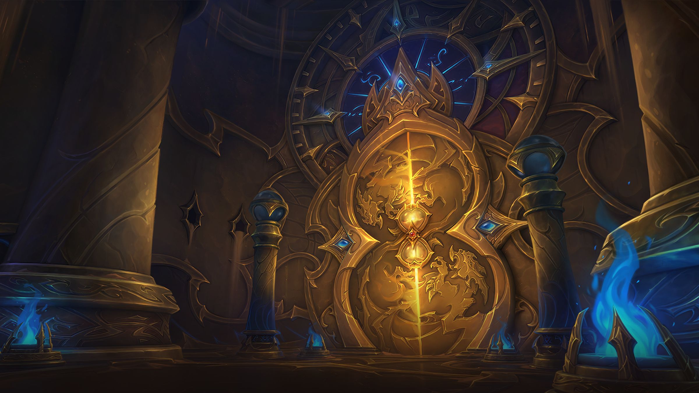 Official World of Warcraft key art showing a glowing golden doorway in a dark hall.