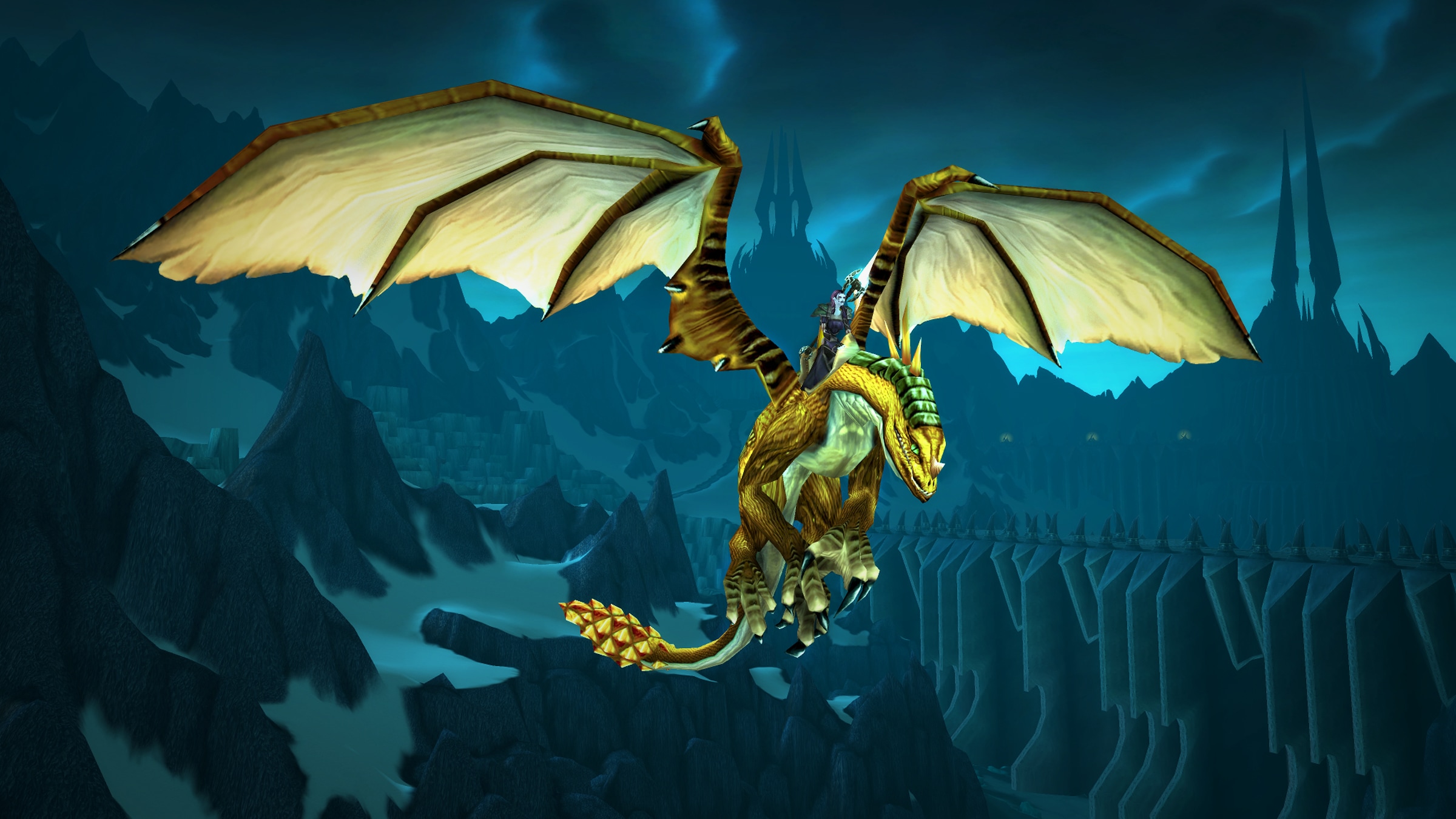 A World of Warcraft mount flying above the icy ruins of Northrend.